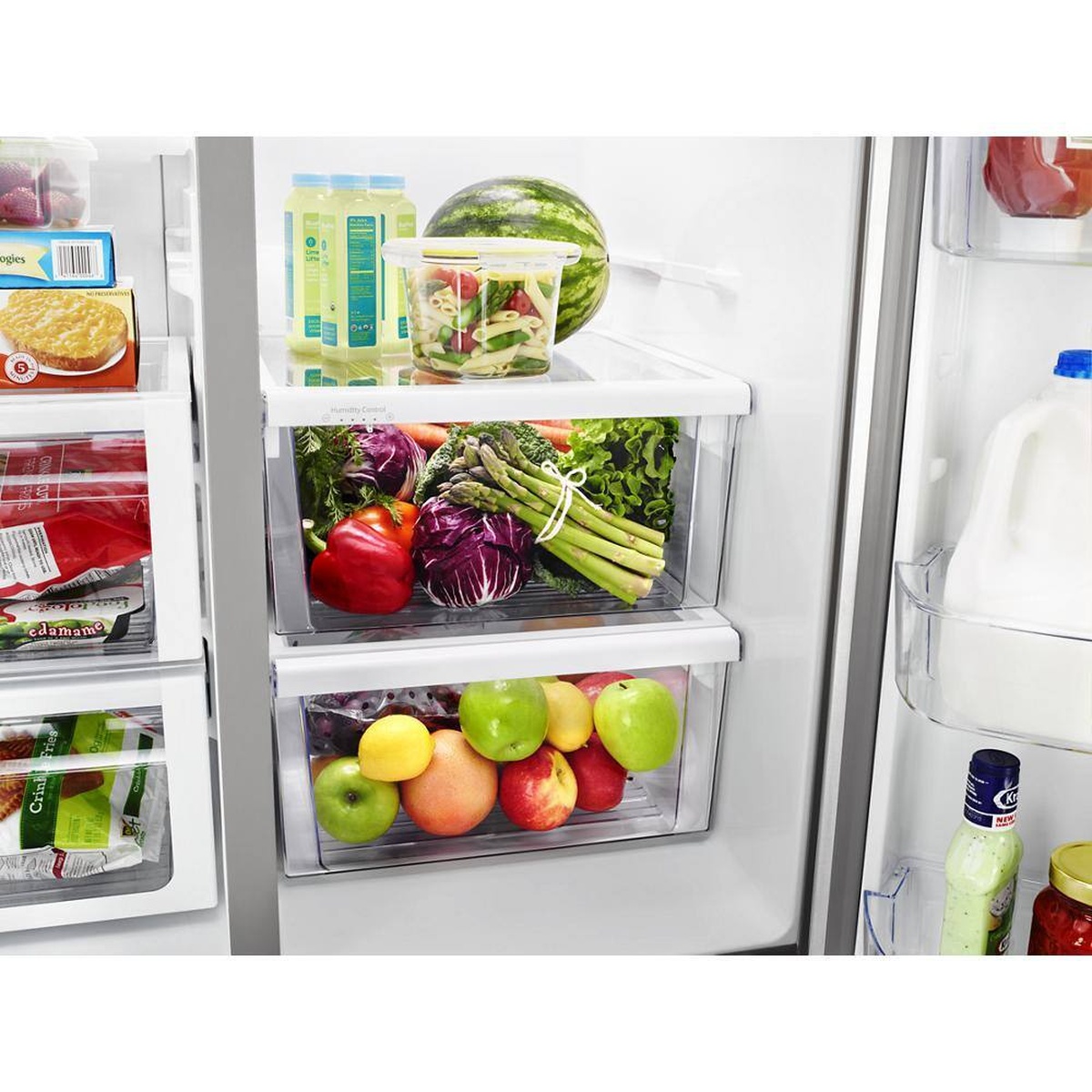Humidity-controlled crispers loaded with fresh produce