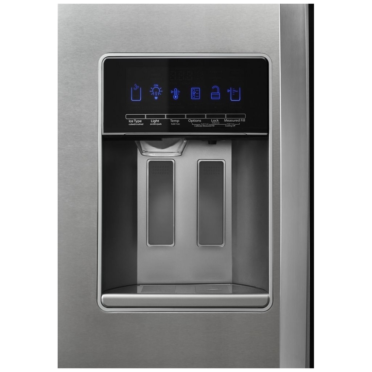 Close-up of exterior dispenser with touch controls on Whirlpool refrigerator.