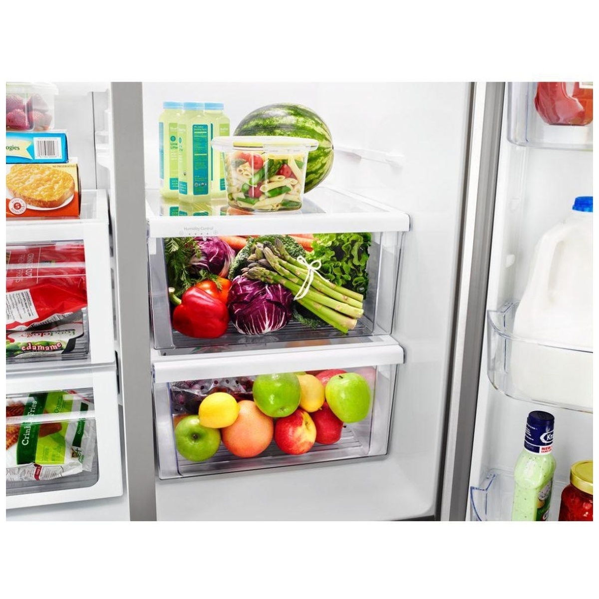 Humidity-controlled crisper drawers filled with fresh produce inside refrigerator.