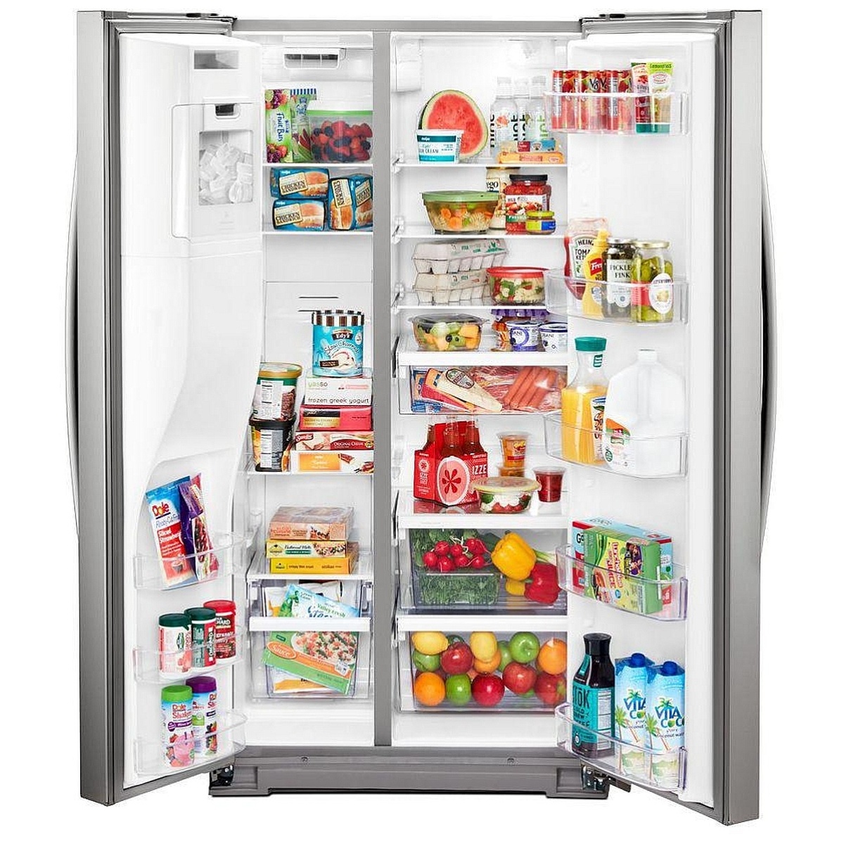 Open Whirlpool side-by-side refrigerator stocked with food, showing LED lighting and in-door ice bin.