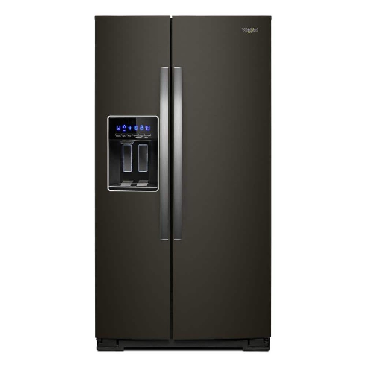 Front view of Whirlpool side-by-side refrigerator in black stainless with external dispenser