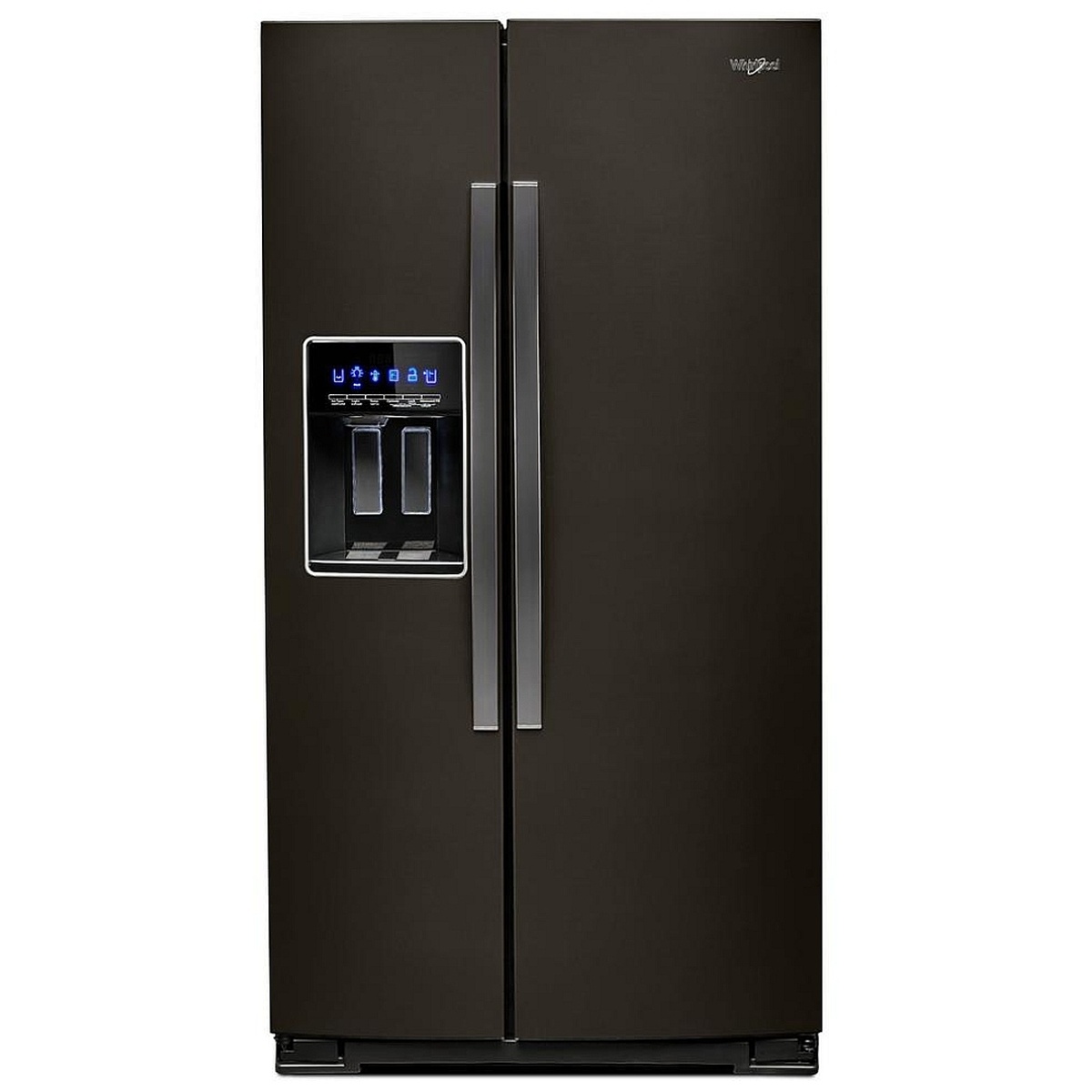 Front view of Whirlpool side-by-side refrigerator showing exterior ice and water dispenser and black stainless finish