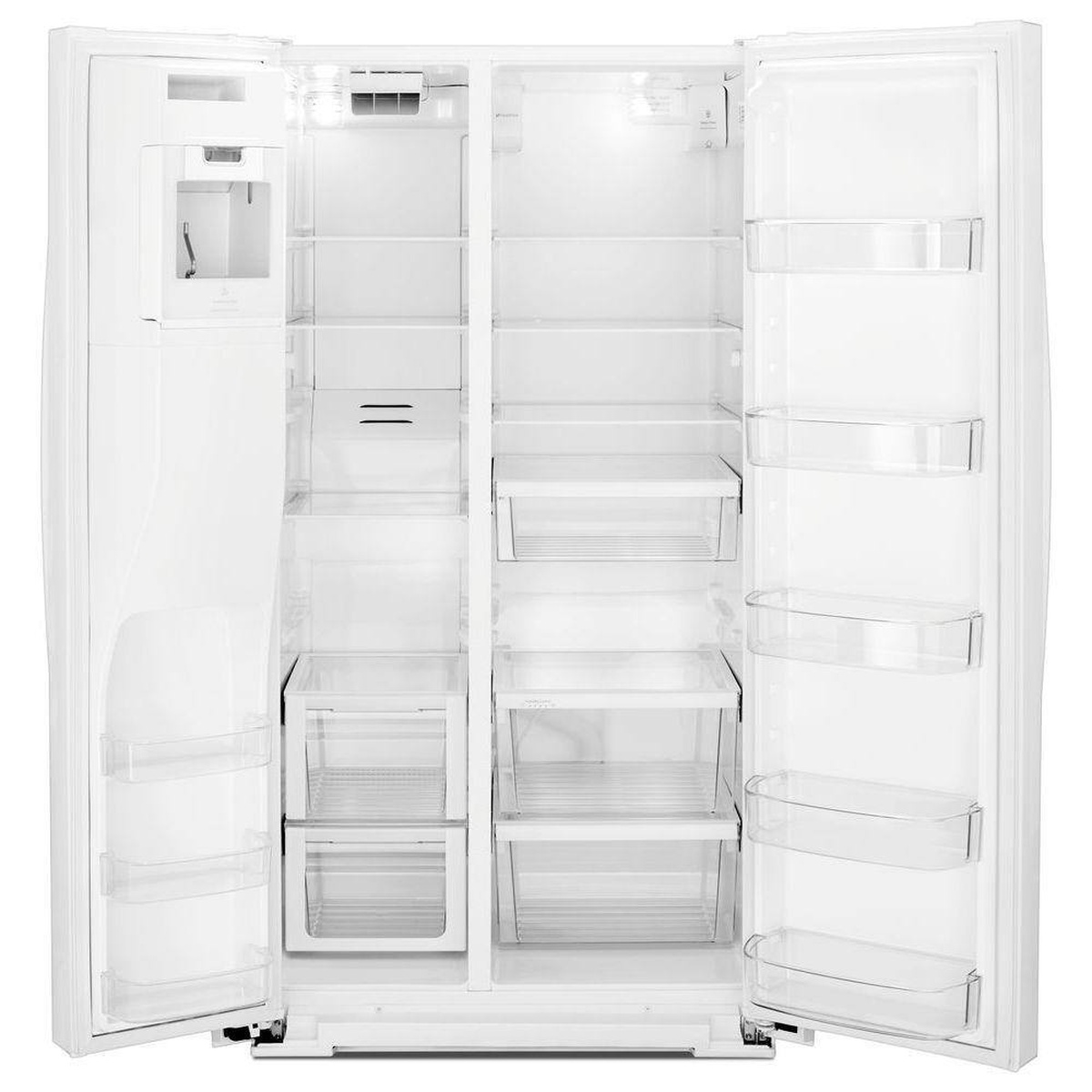 Interior layout showing side-by-side fridge and freezer with shelves, bins, and door storage