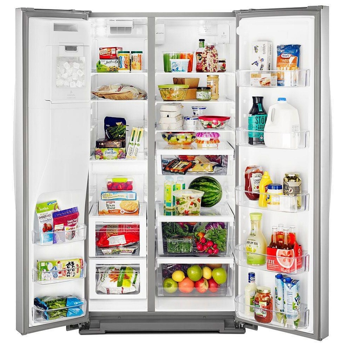 Inside view of the Whirlpool side-by-side refrigerator fully stocked on shelves and door bins.