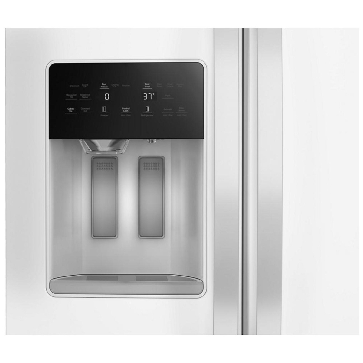 Close-up of the refrigerator's in-door ice and water dispenser with touch controls.
