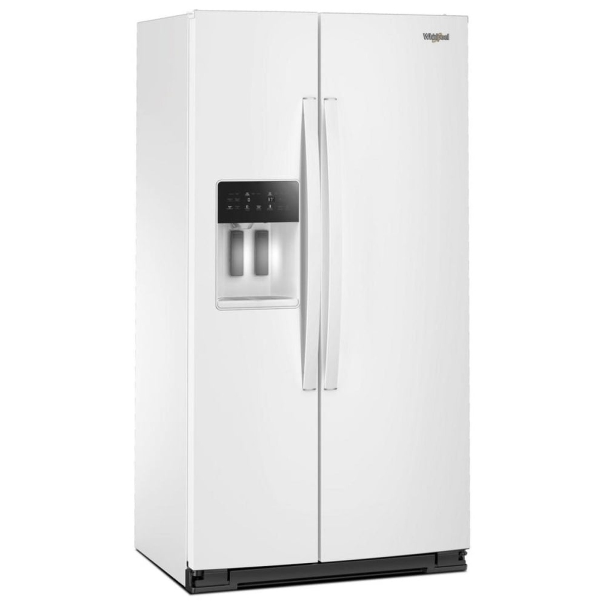 Angled front view of the Whirlpool side-by-side refrigerator with external dispenser and bar handles.