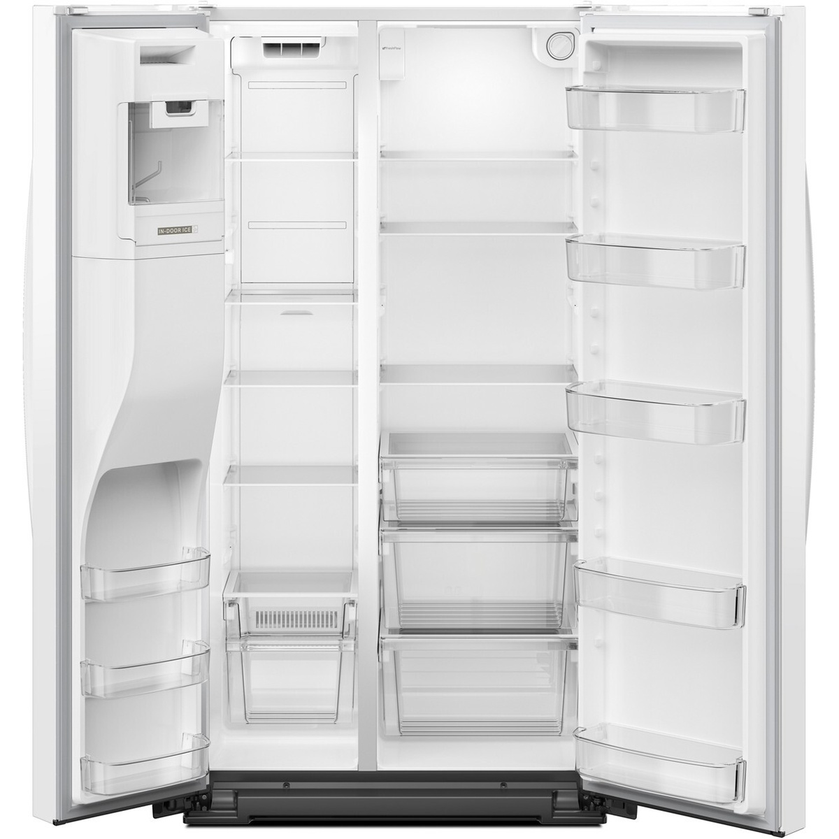 Open Whirlpool side-by-side refrigerator showing in-door ice bin, shelves, drawers, and door bins