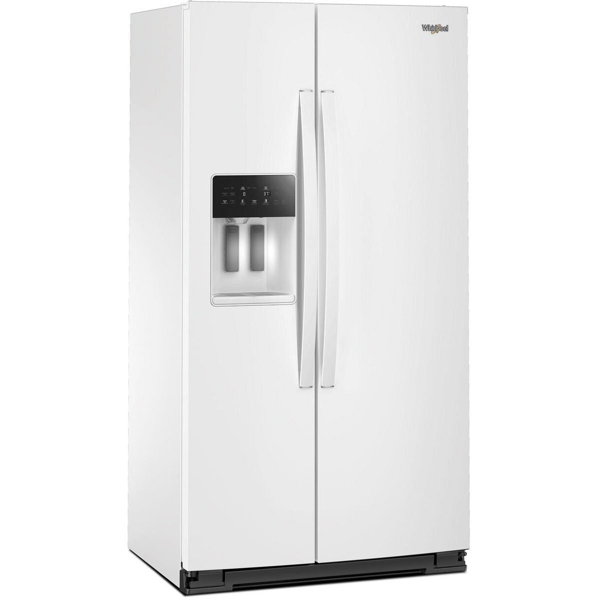 Whirlpool white counter-depth side-by-side refrigerator with exterior ice and water dispenser