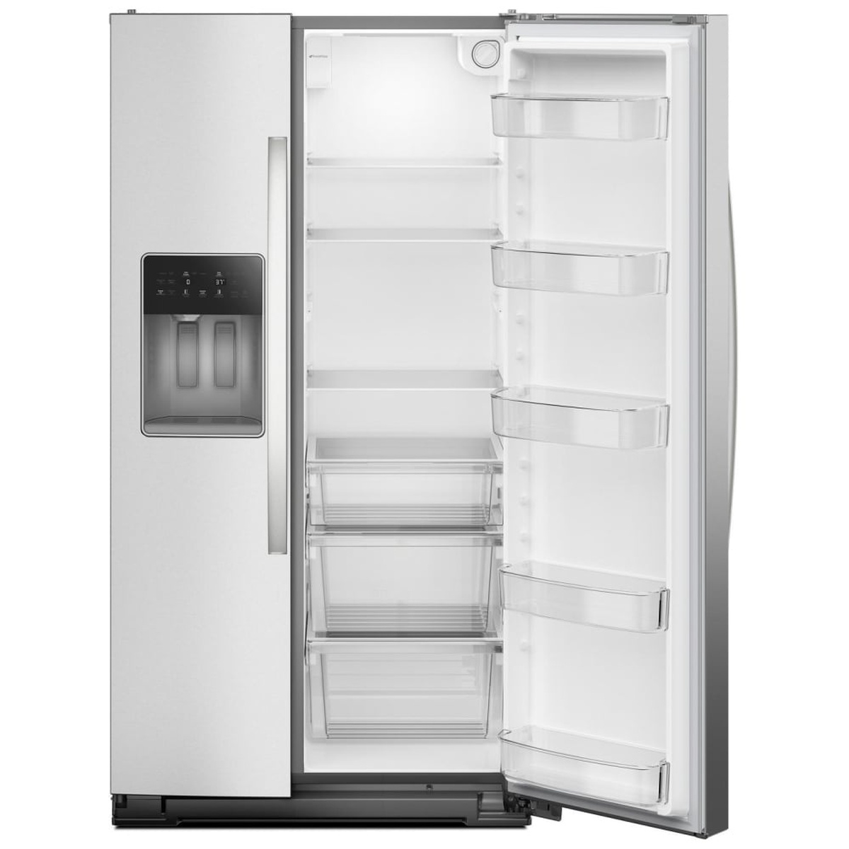 Right refrigerator door open showing shelves, drawers, and clear door bins.