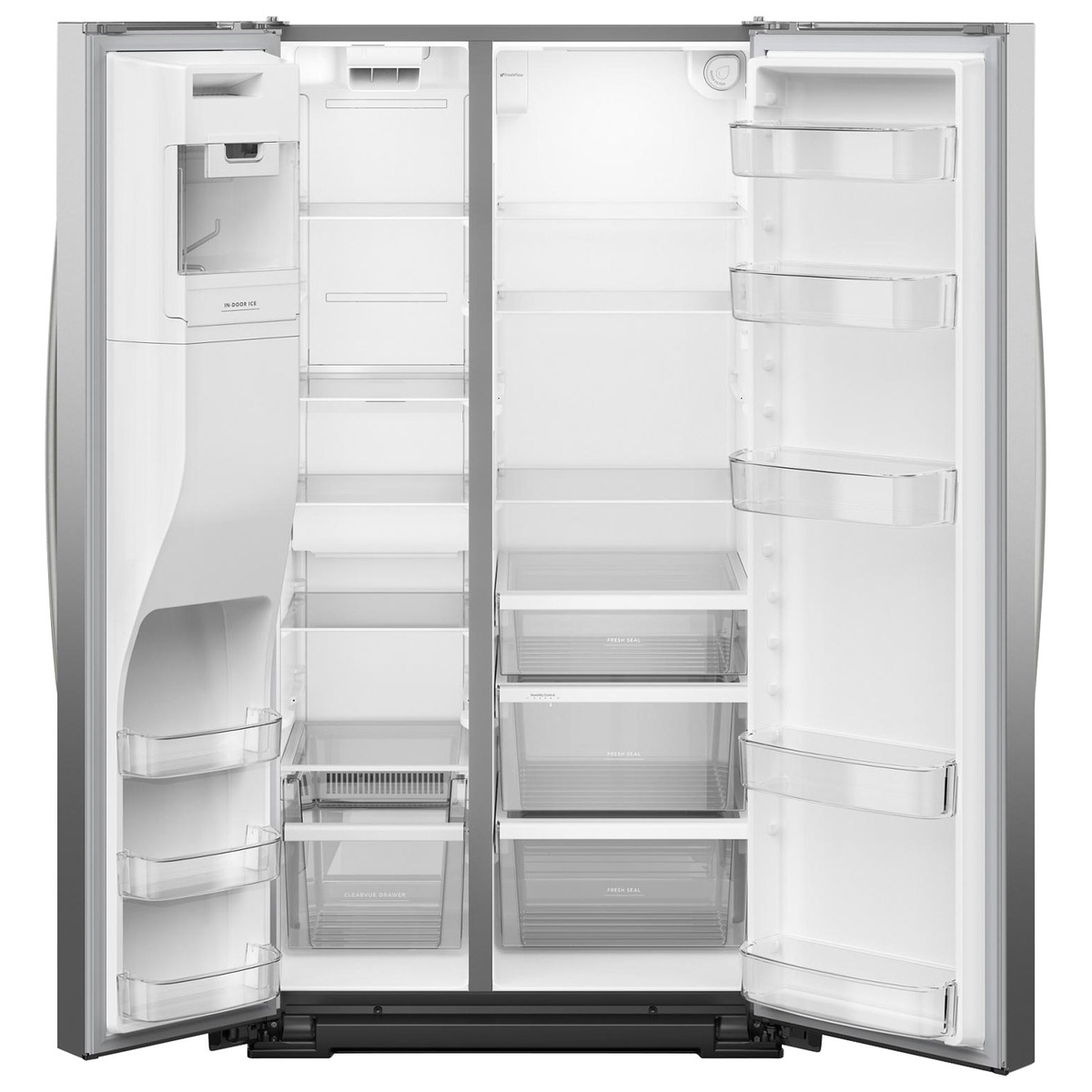 Interior view showing side-by-side layout with pantry and crisper drawers, door bins, and in-door ice system