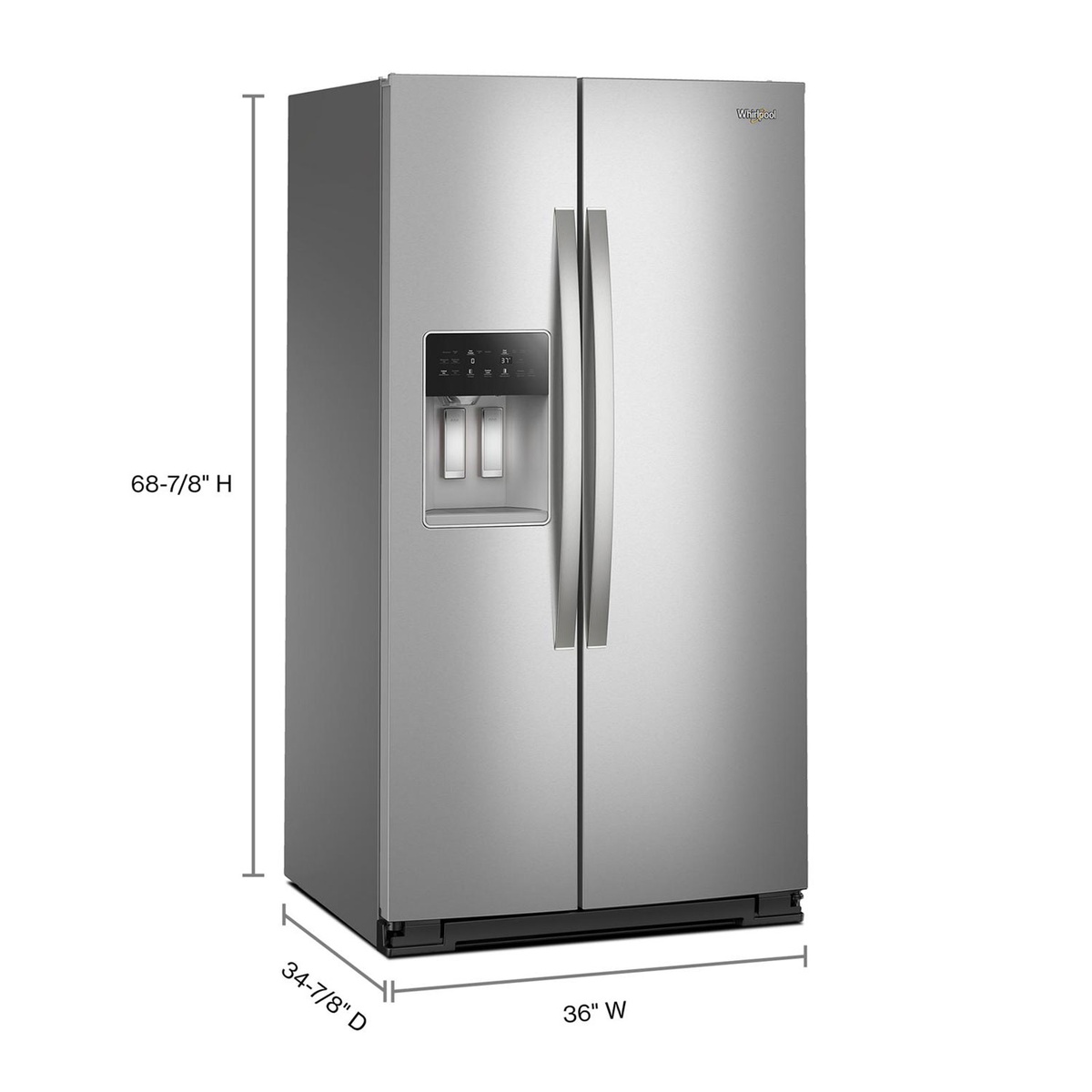 Three-quarter exterior view with dimensions highlighting 36-inch width and full-depth design