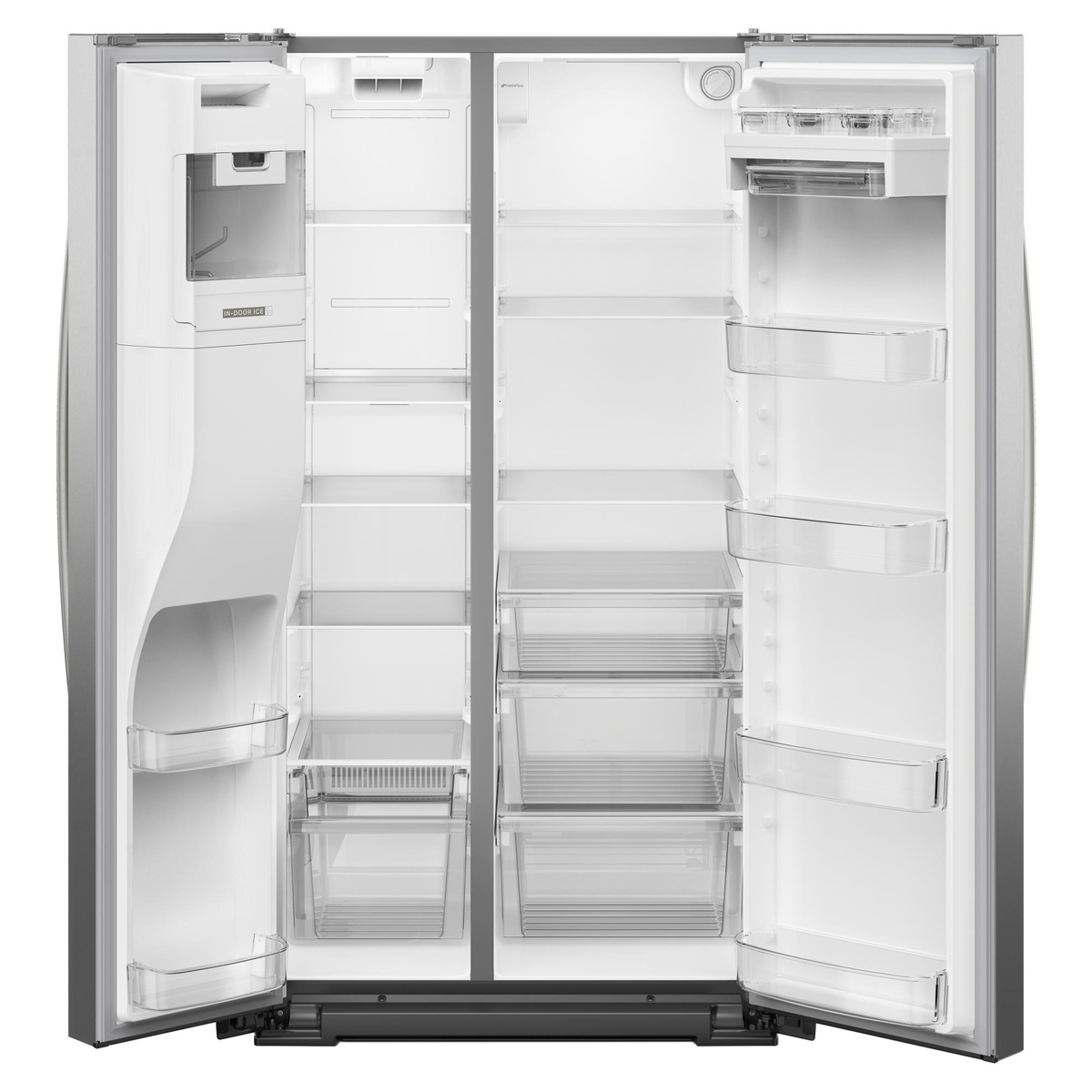 Interior view showing side-by-side shelves, bins, and lighting