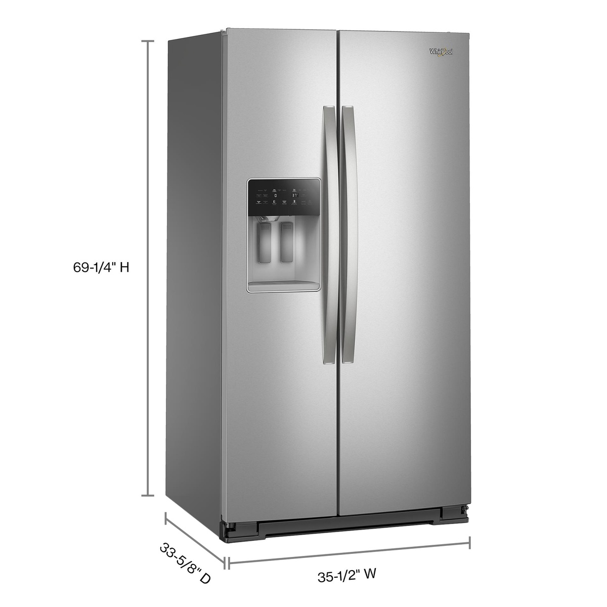 Dimension graphic showing refrigerator height, width, and depth
