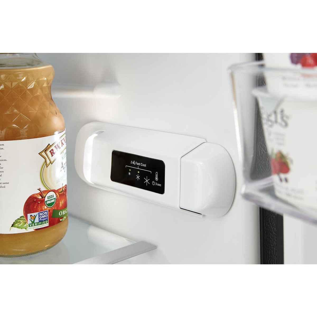 Close-up of up-front electronic temperature controls inside the refrigerator