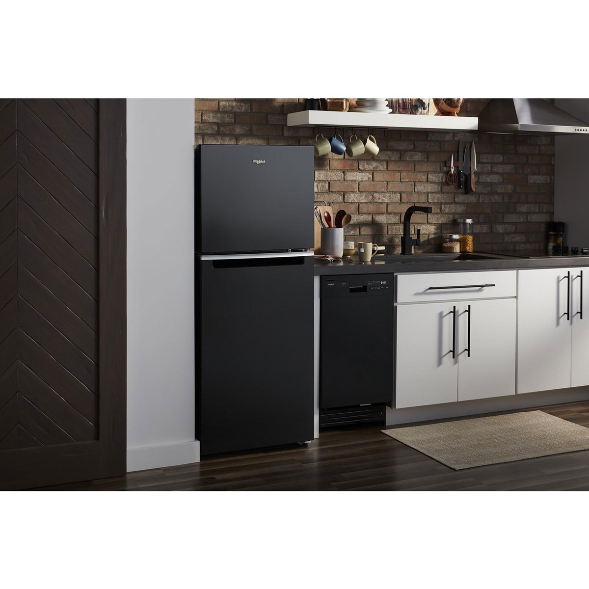Whirlpool counter-depth refrigerator installed flush in a modern kitchen