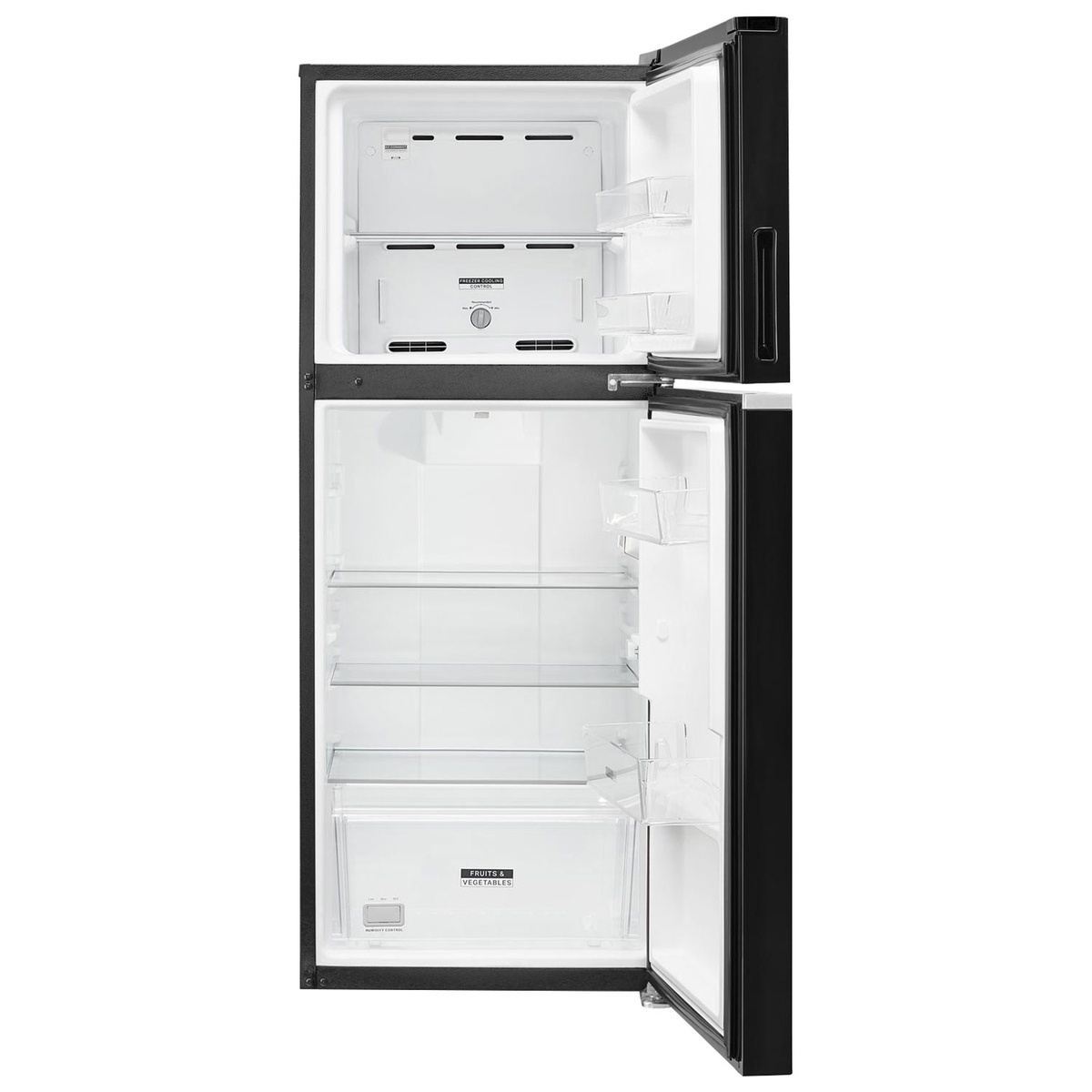 Interior view of Whirlpool 24-inch top-freezer refrigerator showing glass shelves and crisper