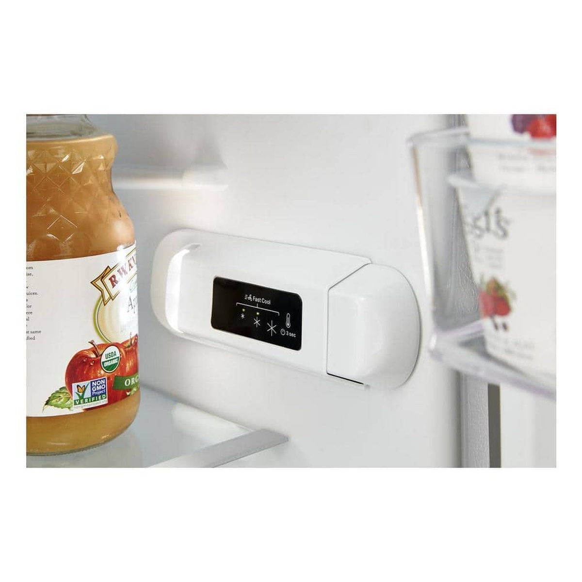Up-front electronic temperature controls inside the refrigerator.