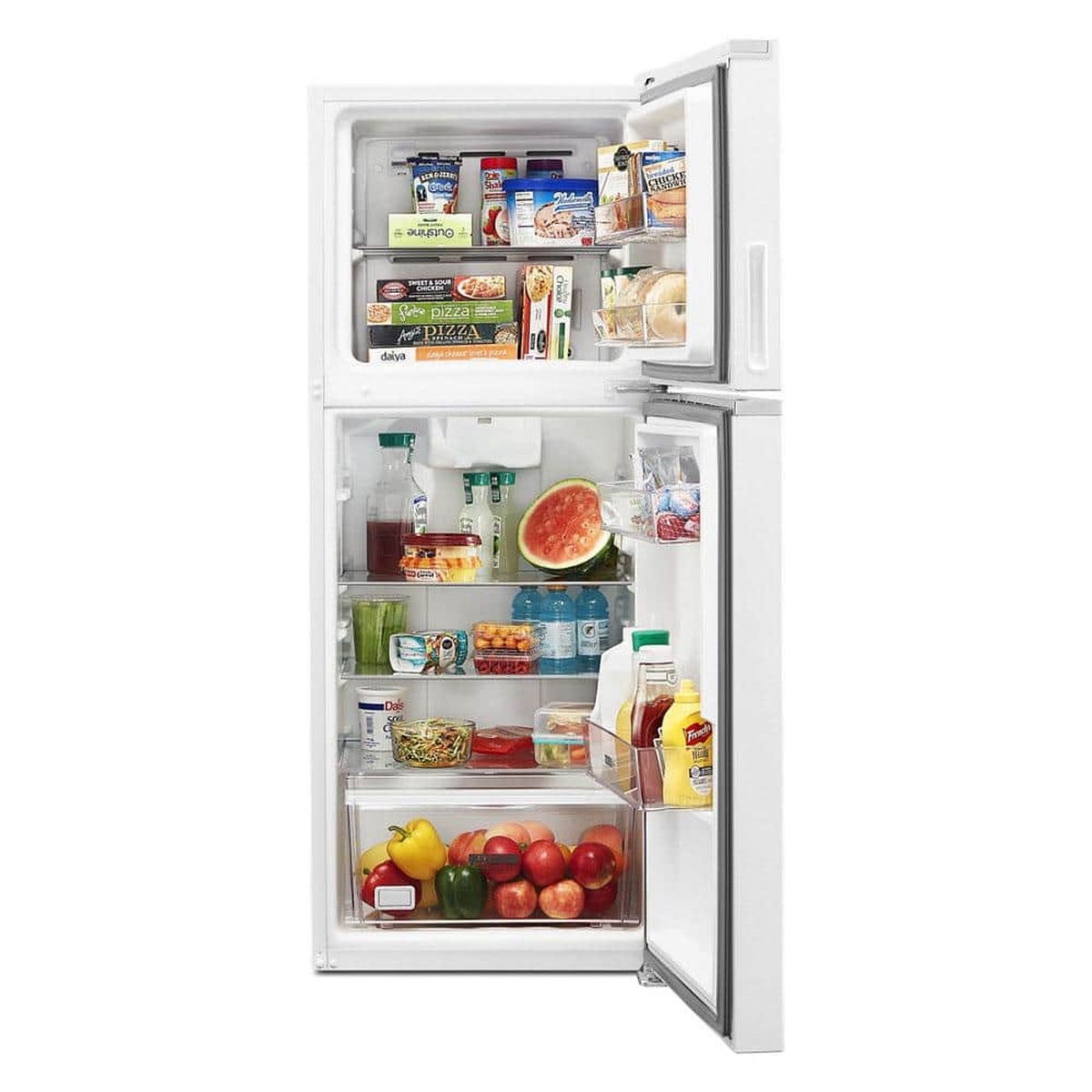 Open Whirlpool top-freezer refrigerator stocked with food showing organized storage.