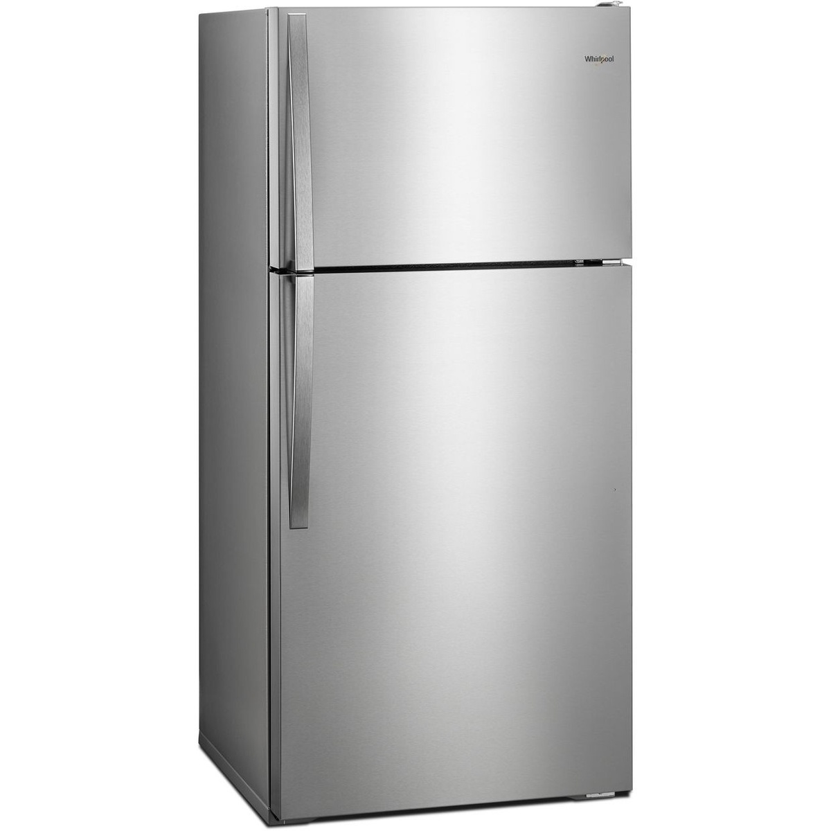 Whirlpool monochromatic stainless top-freezer refrigerator angled front view