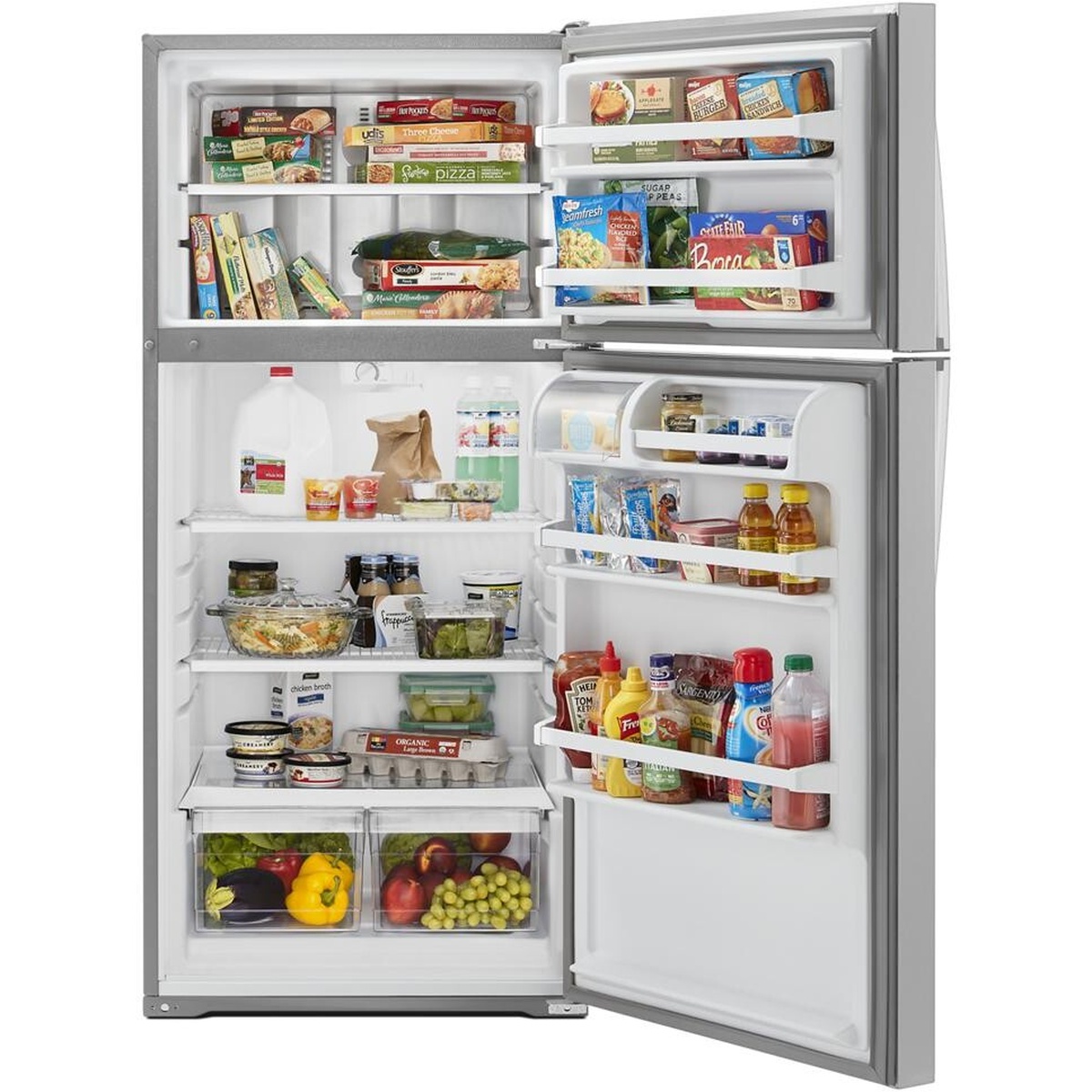 Open top-freezer refrigerator with food, adjustable wire shelves, and produce drawers
