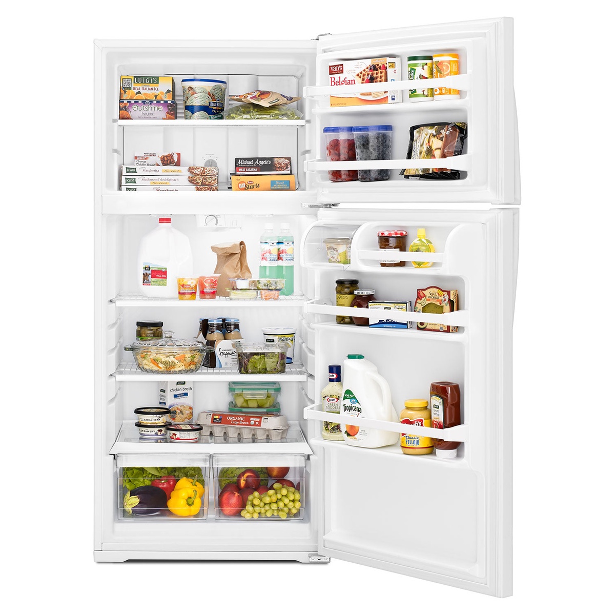 Open Whirlpool top-freezer refrigerator fully stocked showing door bins, shelves and dual crispers