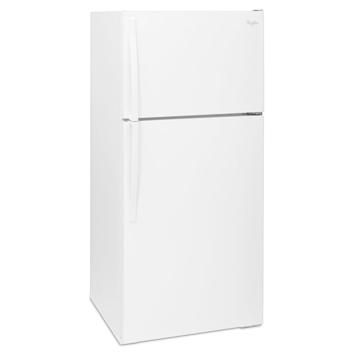 Exterior view of Whirlpool white top-freezer refrigerator with recessed handles