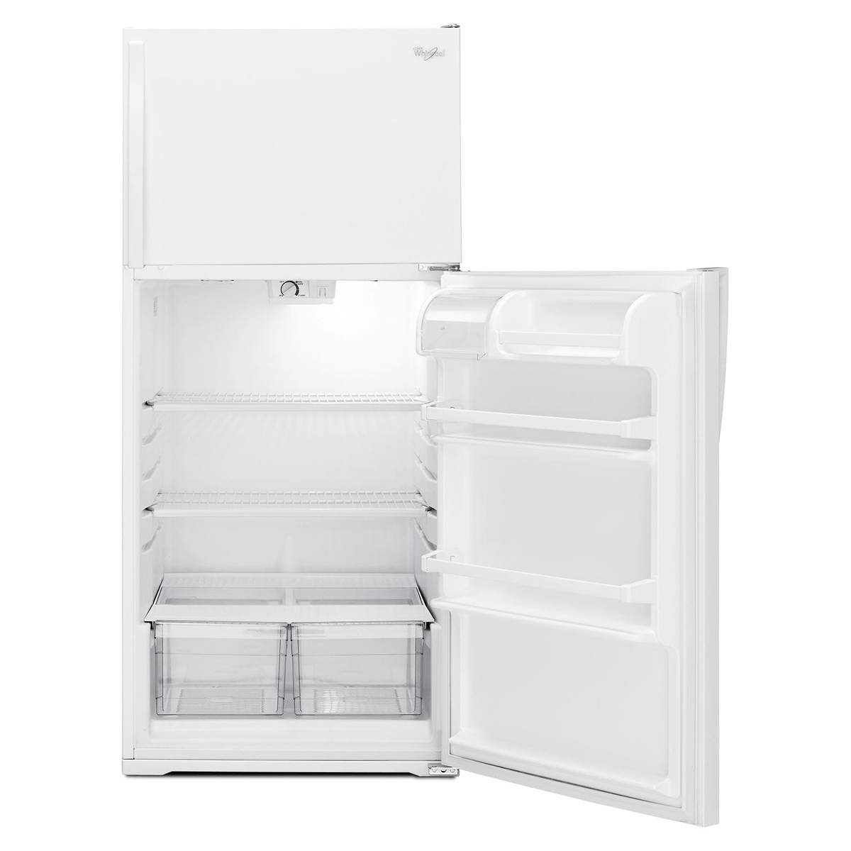 Refrigerator compartment open showing shelves, bins and dual crisper drawers