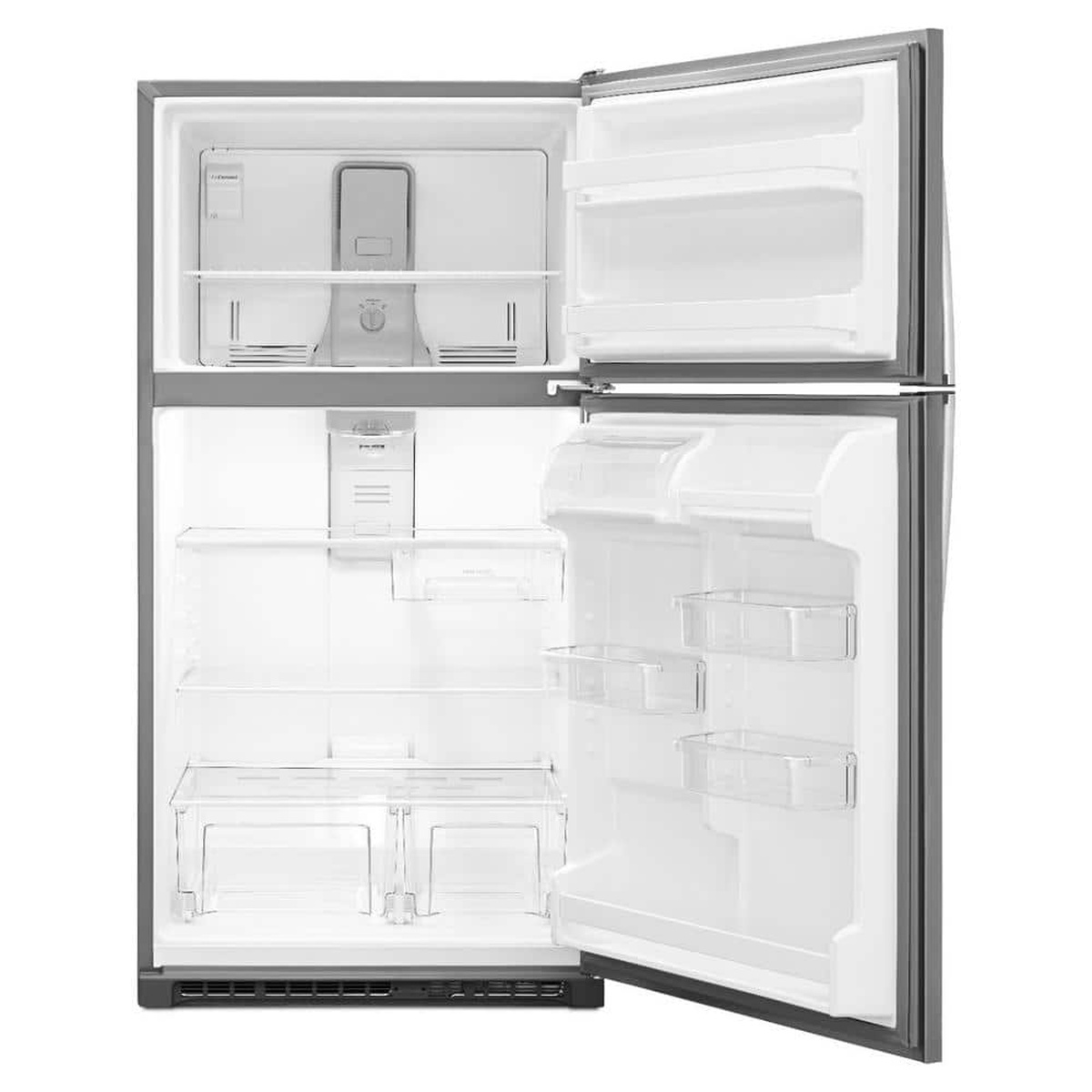 Interior view showing frameless glass shelves, crispers and adjustable door bins