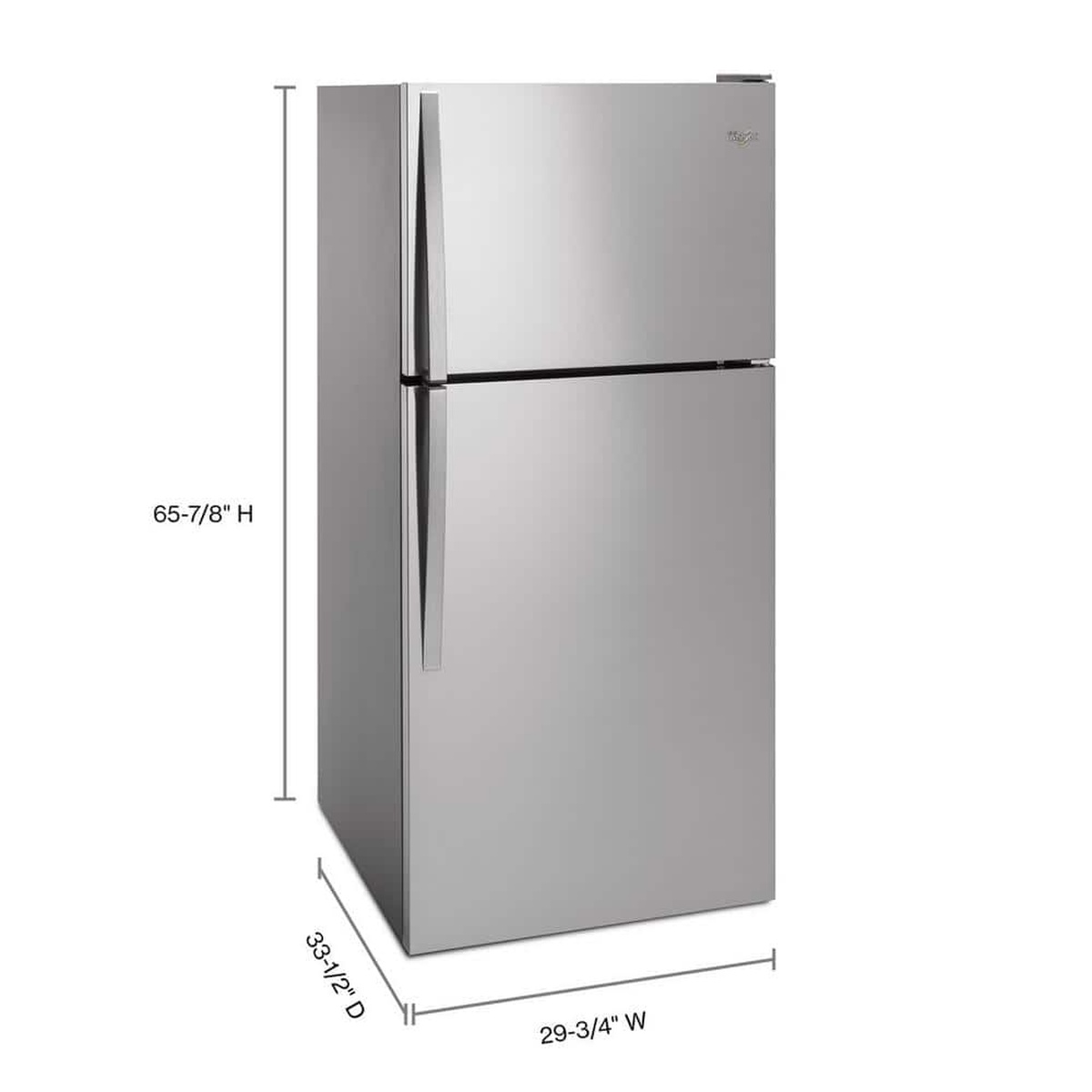 Stainless steel Whirlpool top‑freezer refrigerator with dimensions labeled