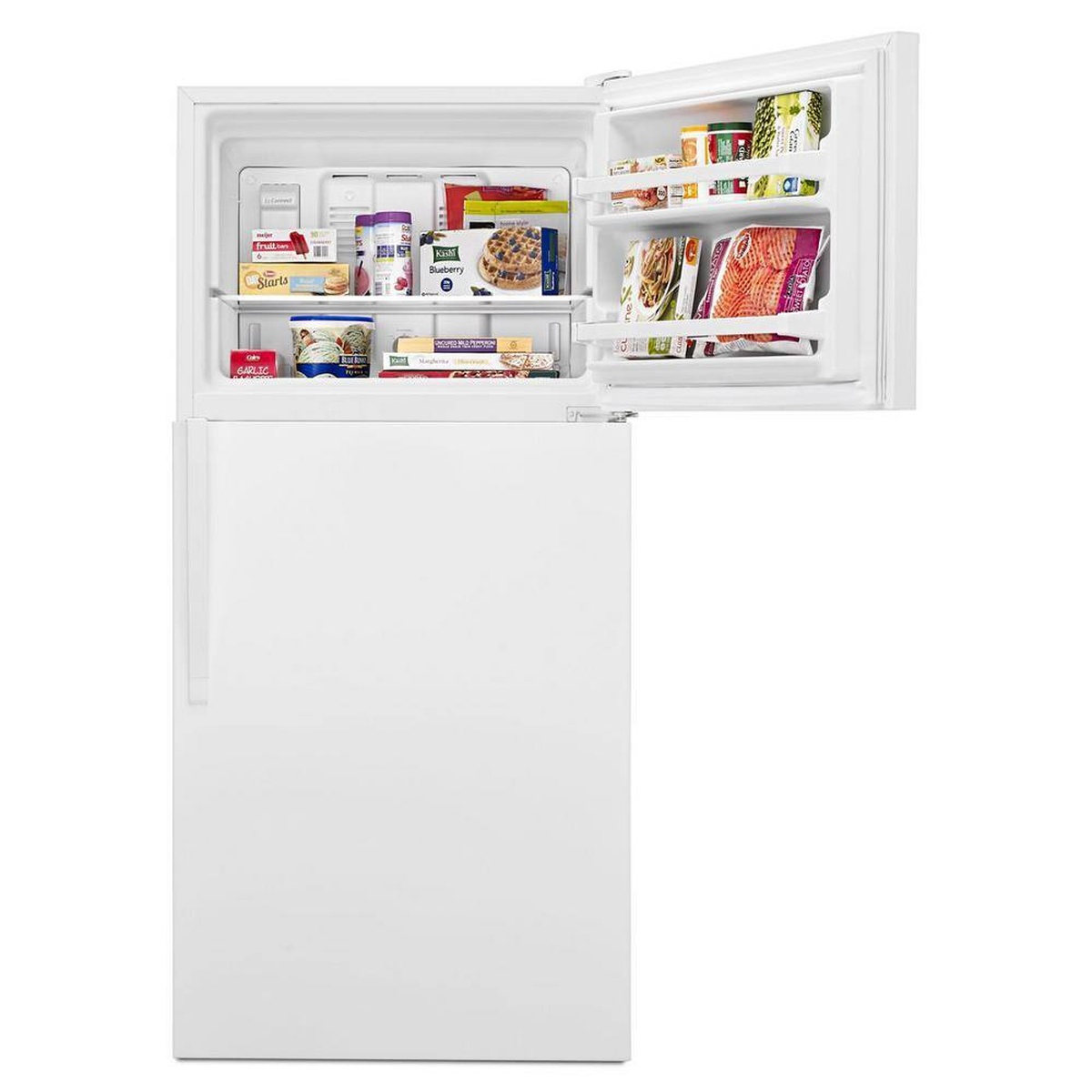 Top freezer compartment organized with bins and a full-width shelf