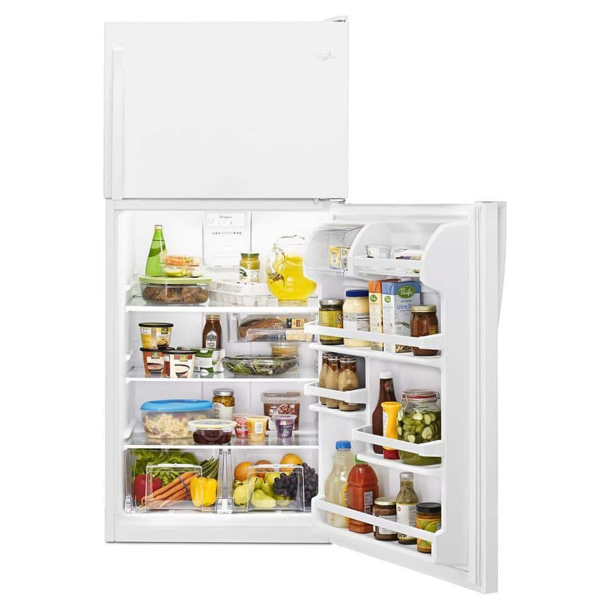 Refrigerator interior loaded with food showing glass shelves and gallon door storage