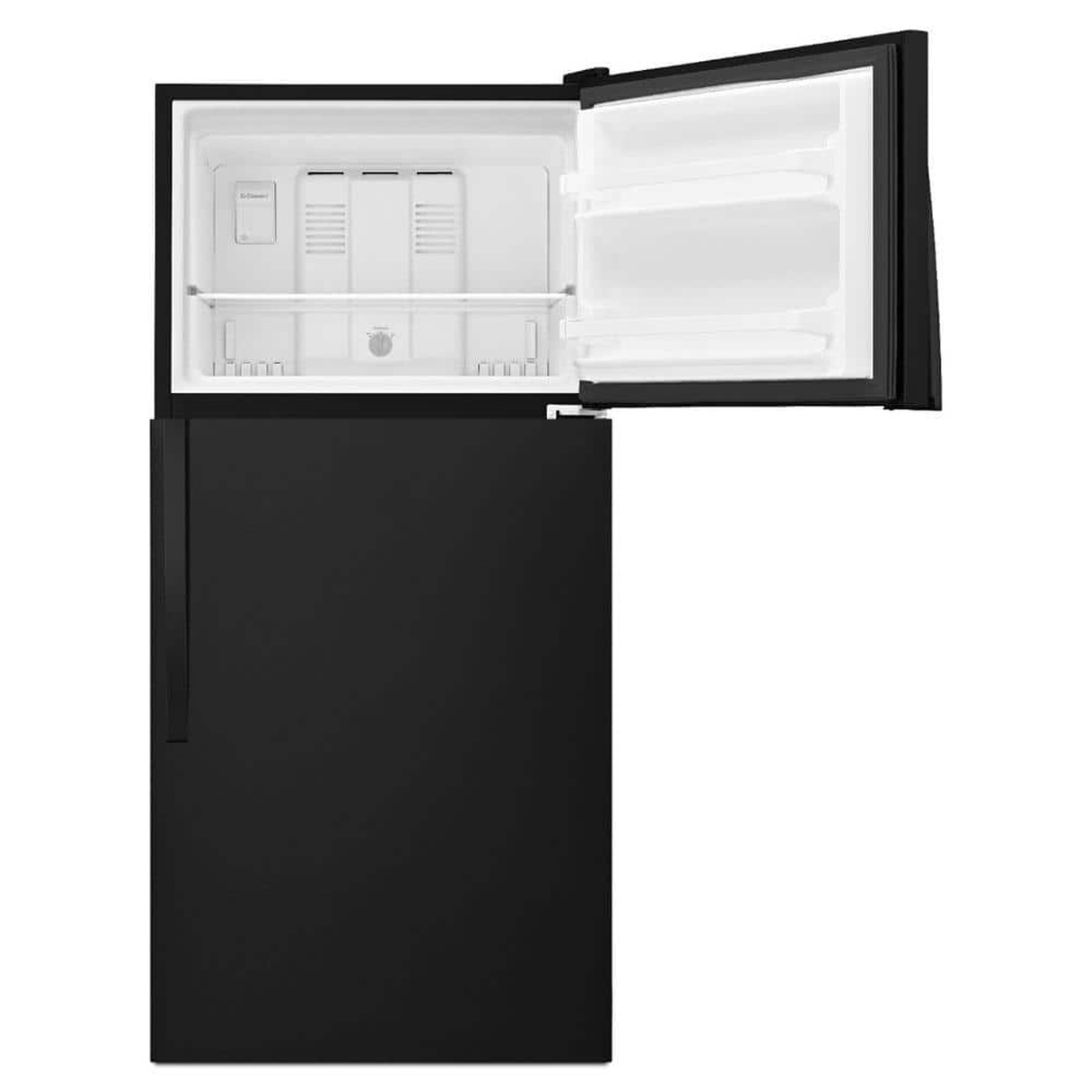 Top freezer compartment open with full-width shelf and door bins