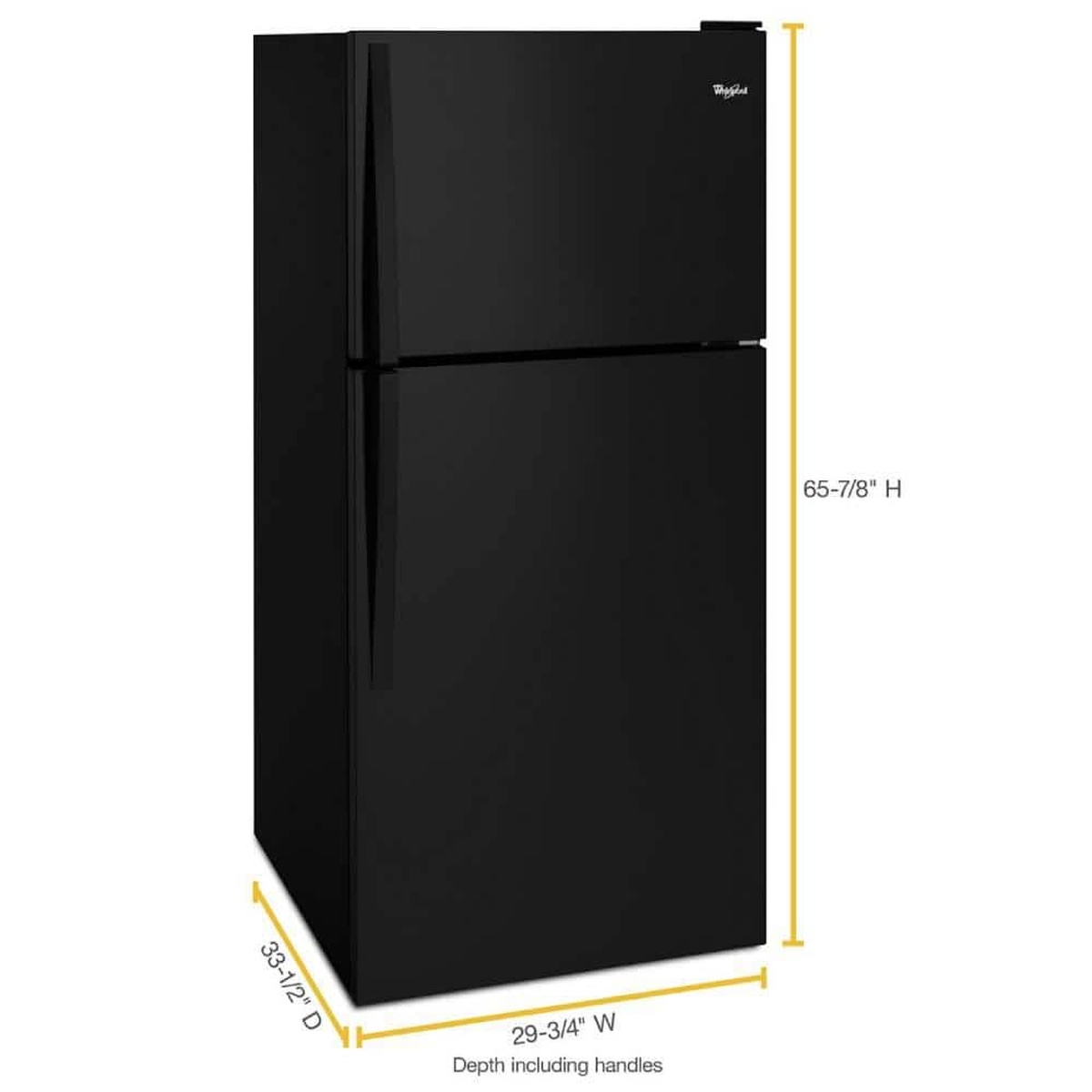 Black Whirlpool top-freezer refrigerator with dimensions callouts