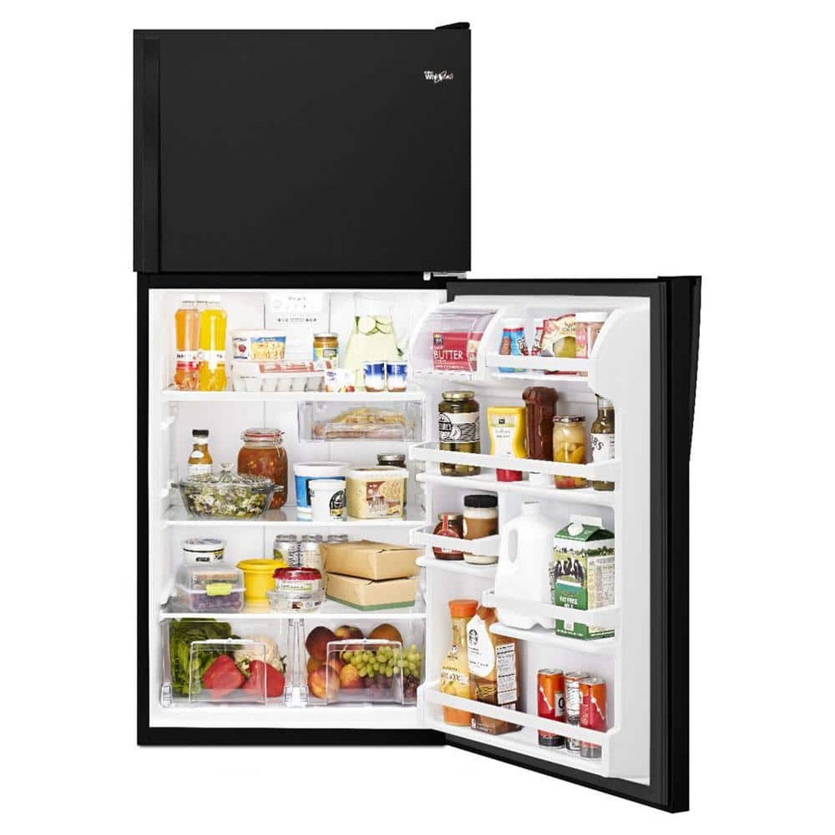 Refrigerator compartment loaded with food showing door bins and glass shelves