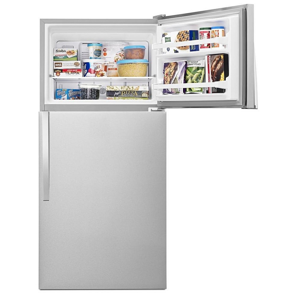 Top freezer open with full-width shelf and door storage