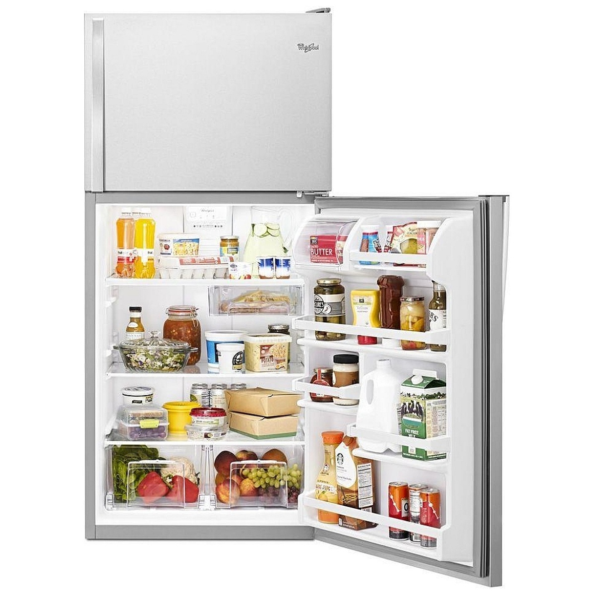 Refrigerator door open showing organized shelves, crispers and door bins