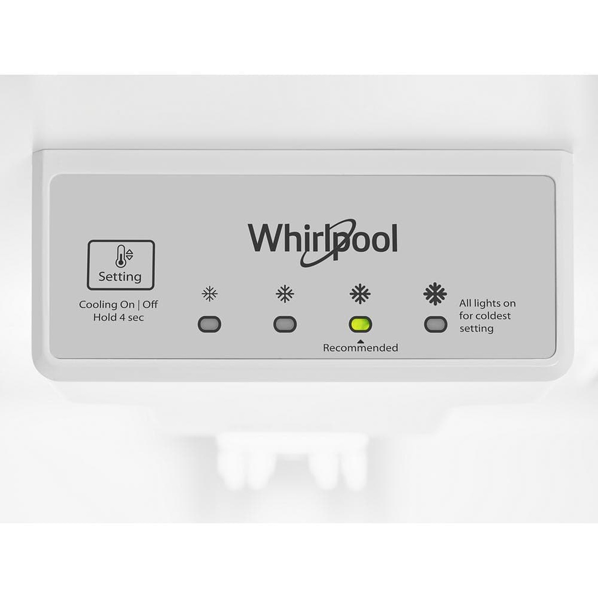 Close-up of Whirlpool electronic temperature control panel inside the refrigerator.