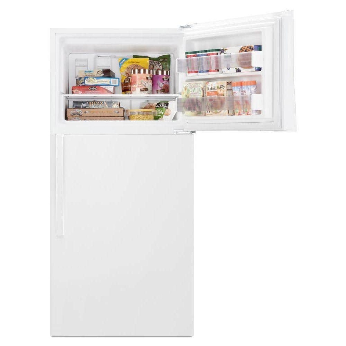 Top freezer compartment loaded with food and clear door bins