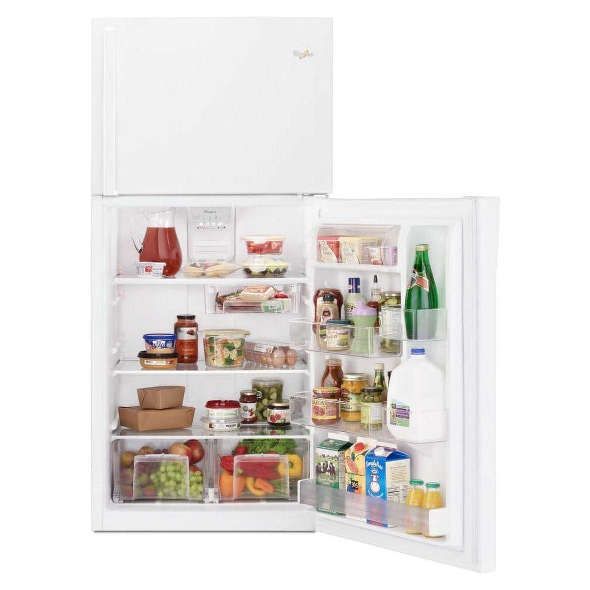Refrigerator door open showing organized fresh food storage and door bins