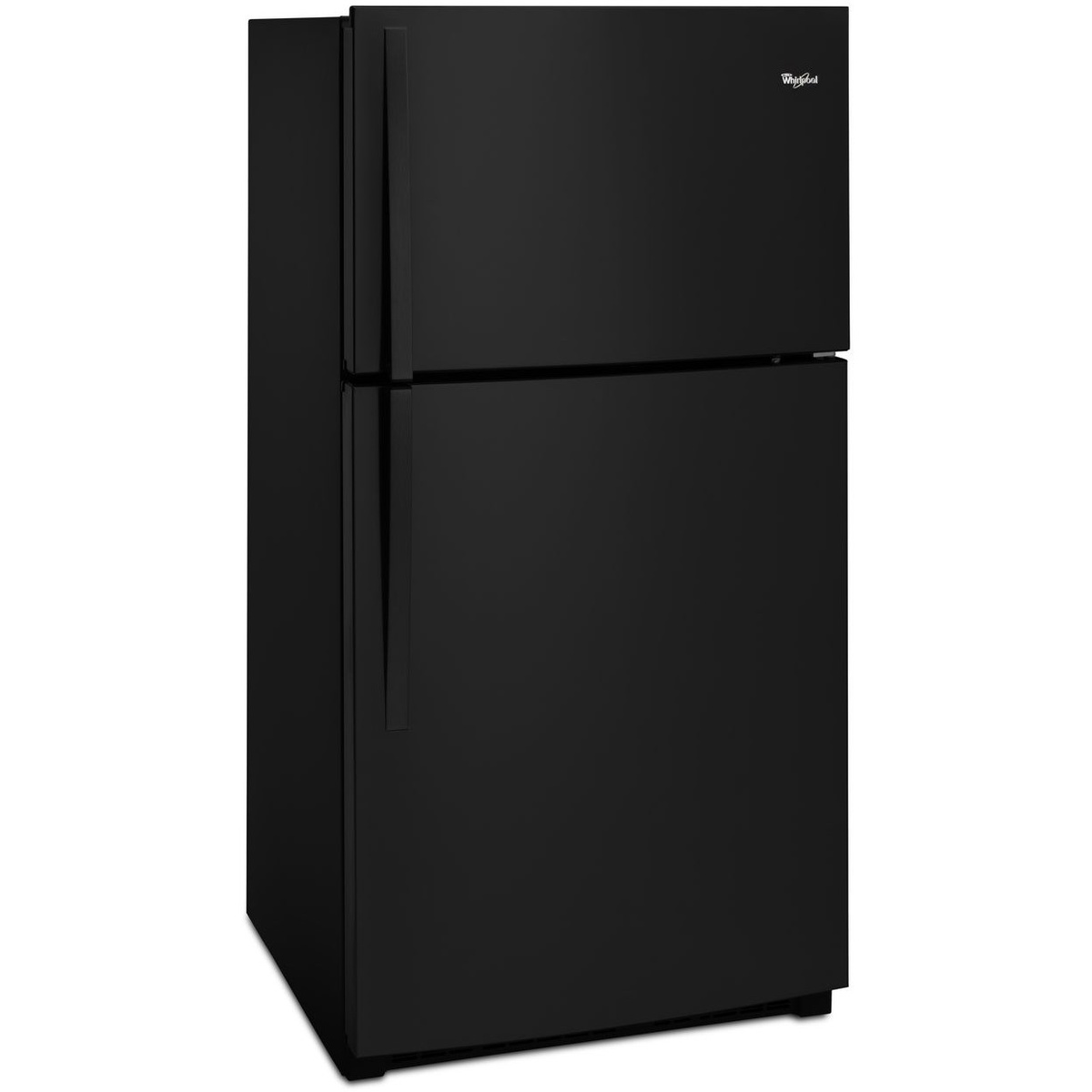 Angled front view of a black Whirlpool top-freezer refrigerator