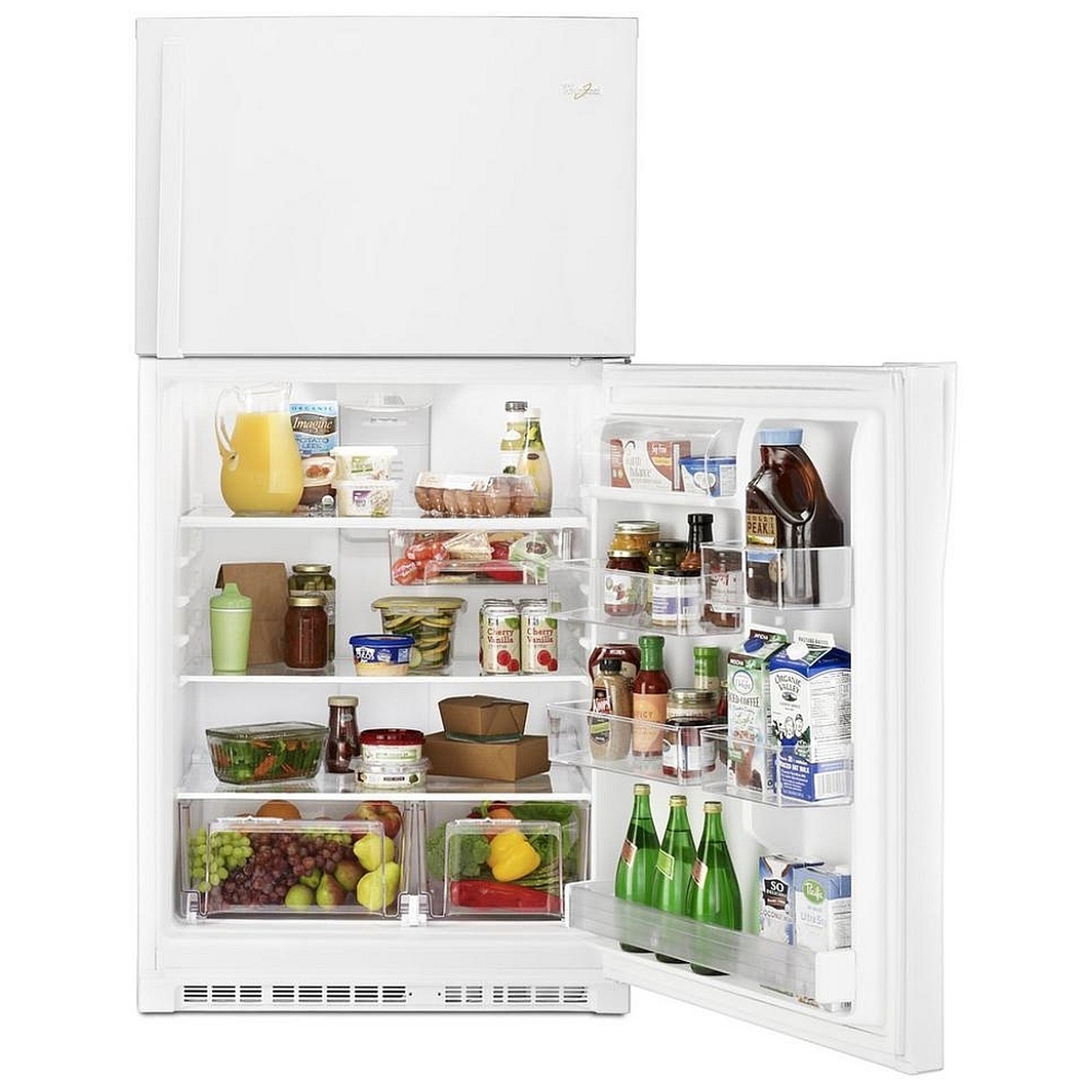 Open refrigerator showing adjustable door bins, crisper drawers and glass shelves