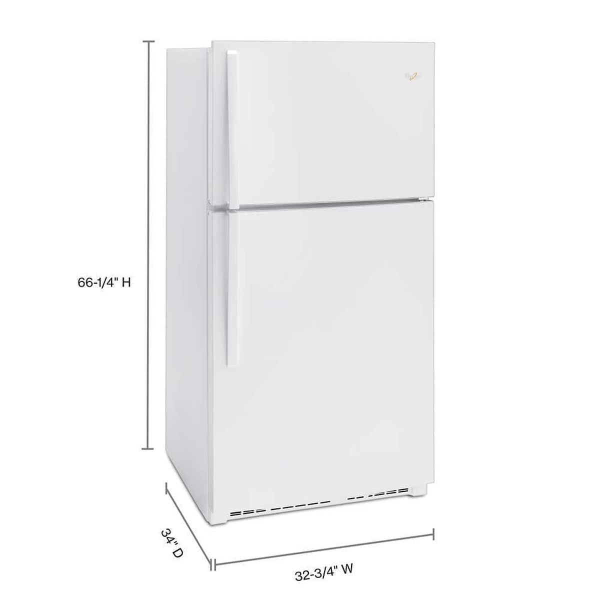 Refrigerator exterior with dimensions: 66-1/4 in H, 32-3/4 in W, 34 in D