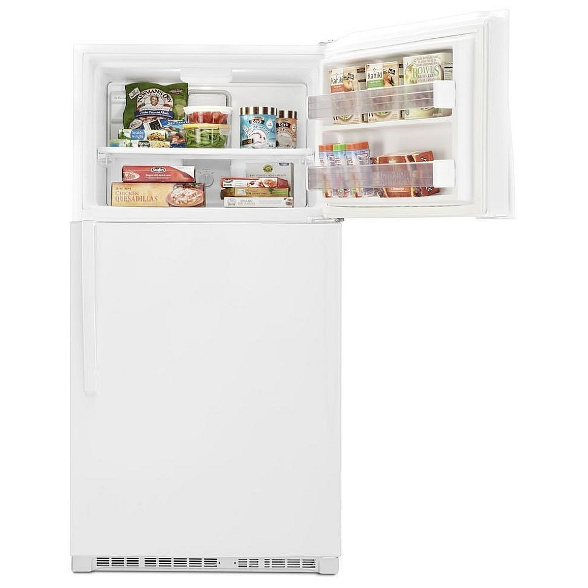 Top freezer compartment loaded with food and door bins