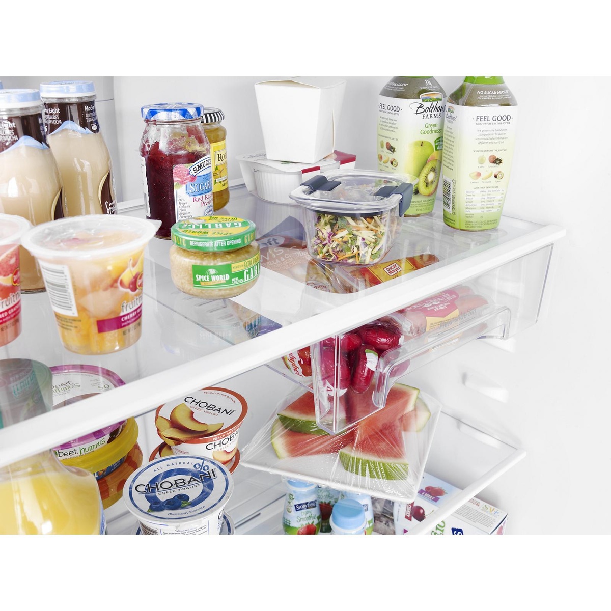 Flexi-Slide deli bin under a refrigerator shelf with assorted foods