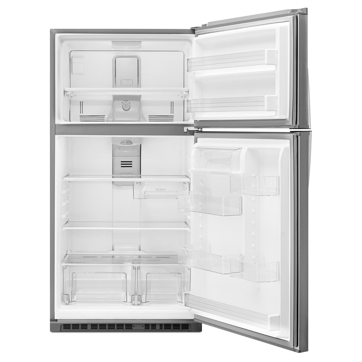 Open Whirlpool top-freezer interior showing shelves, door bins and crispers