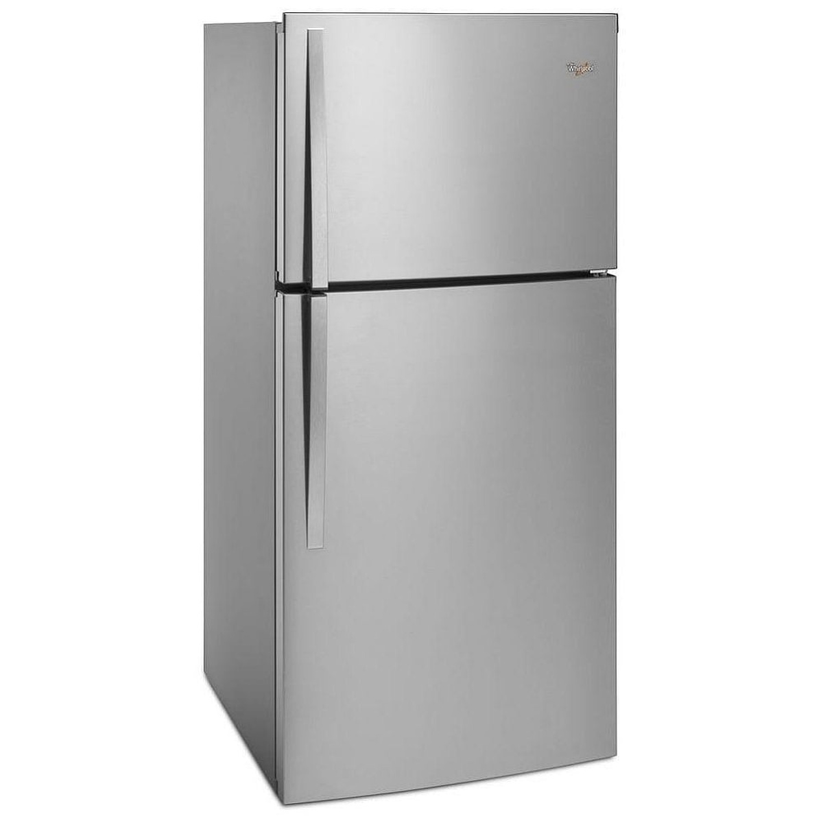 Angled view of Whirlpool top-freezer refrigerator in monochromatic stainless steel with sleek vertical handles
