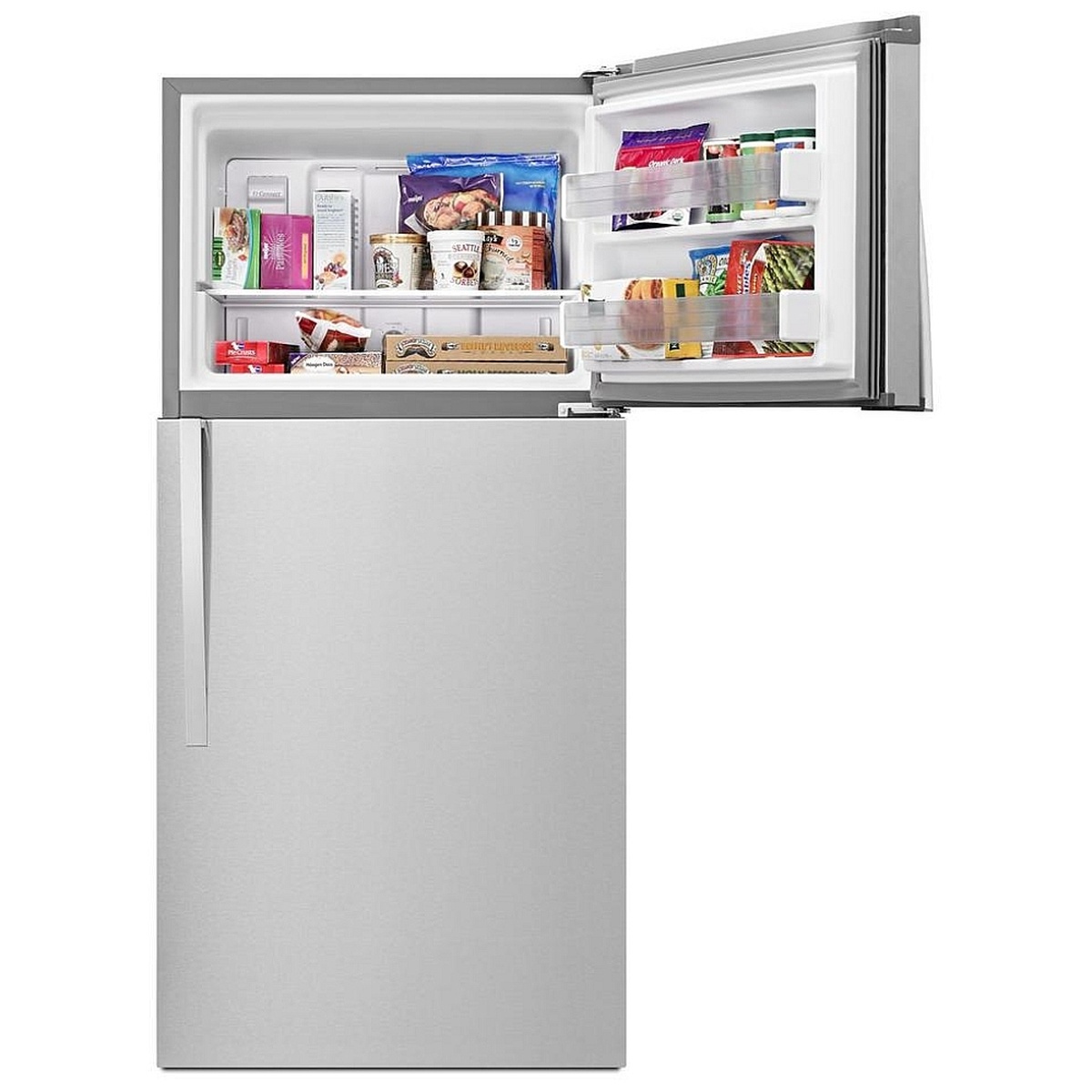Open freezer compartment stocked with items, showing two door bins and a full-width shelf with temperature dial