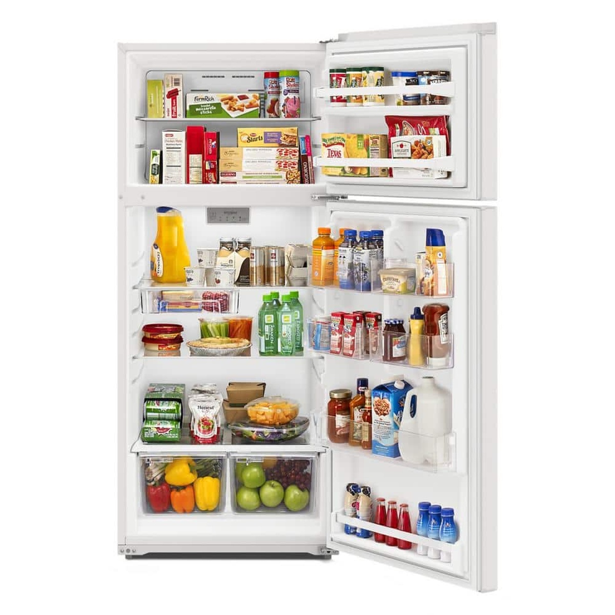 Top-freezer refrigerator fully stocked showing adjustable shelves, bins and crispers.