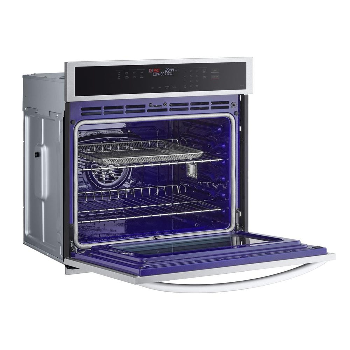 LG 30-inch wall oven open, showing blue interior with fan convection and air fry tray.