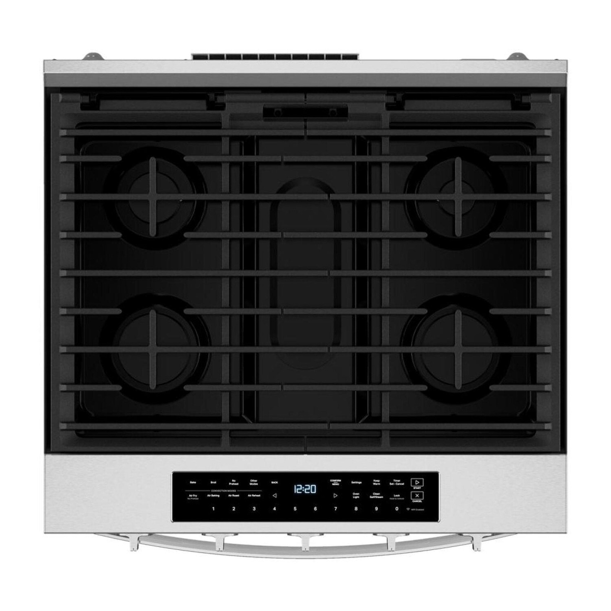 Top view of cooktop with five burners and edge-to-edge cast-iron grates